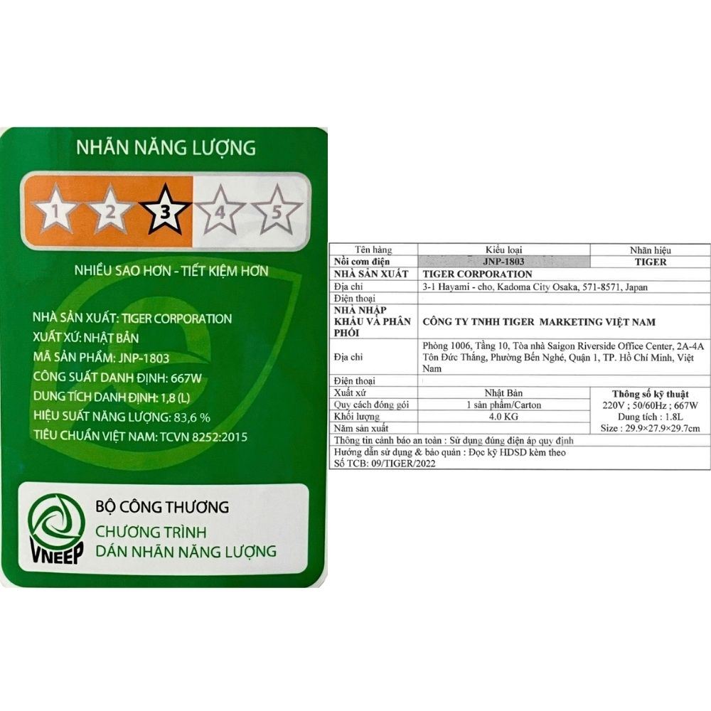 Nồi cơm nắp gài Tiger 1.8 lít JNP-1803 Màu Trắng