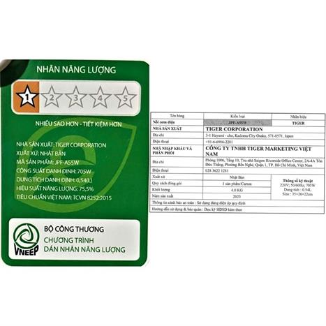 Nồi cơm cao tần Tiger 0.54 lít JPF-A55W - Đen Màu Đen