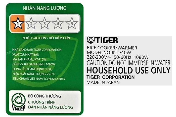 Nồi cơm cao tần Tiger 1 lít JKT-F10W Màu Đen - Xám