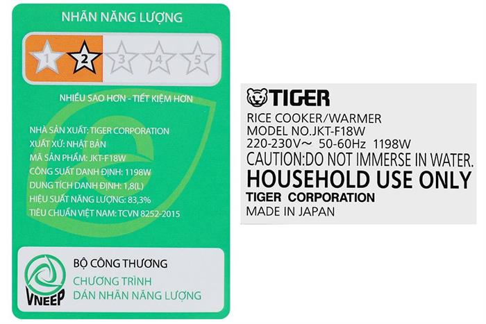 Nồi cơm cao tần Tiger 1.8 lít JKT-F18W Màu Đen - Xám
