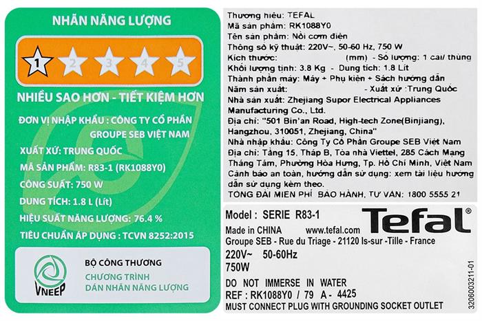 Nồi cơm điện tử Tefal 1.8 lít RK1088Y0 Màu Đen