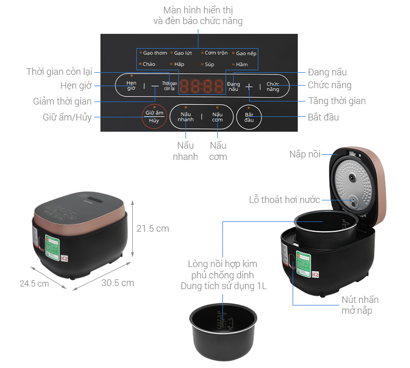 Nồi cơm điện tử Sharp 1 lít KS-COM1031MV-RS