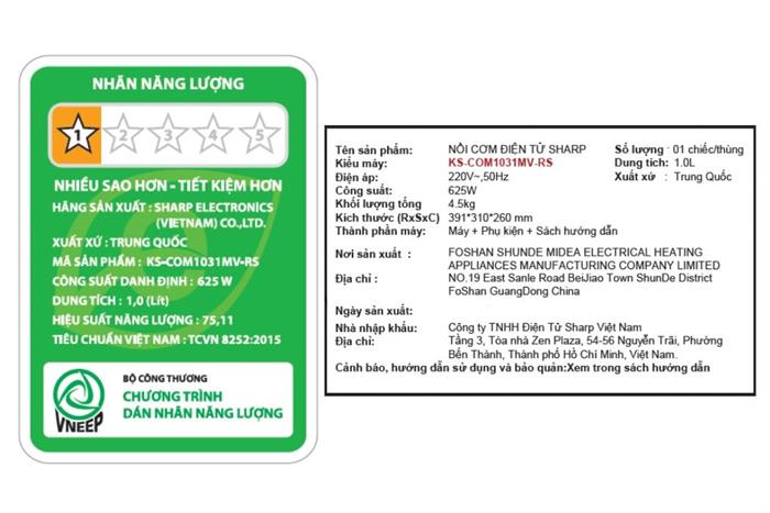 Nồi cơm điện tử Sharp 1 lít KS-COM1031MV-RS Màu Đen