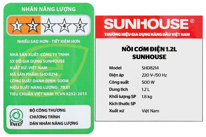 Nồi cơm nắp gài Sunhouse 1.2 lít SHD8214 Màu Xanh