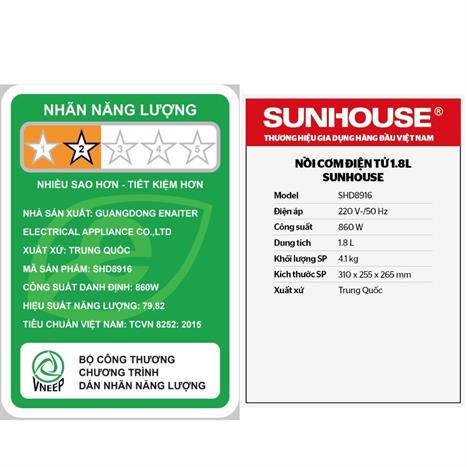 Nồi cơm điện tử Sunhouse 1.8 lít SHD8916 Màu Xanh Dương