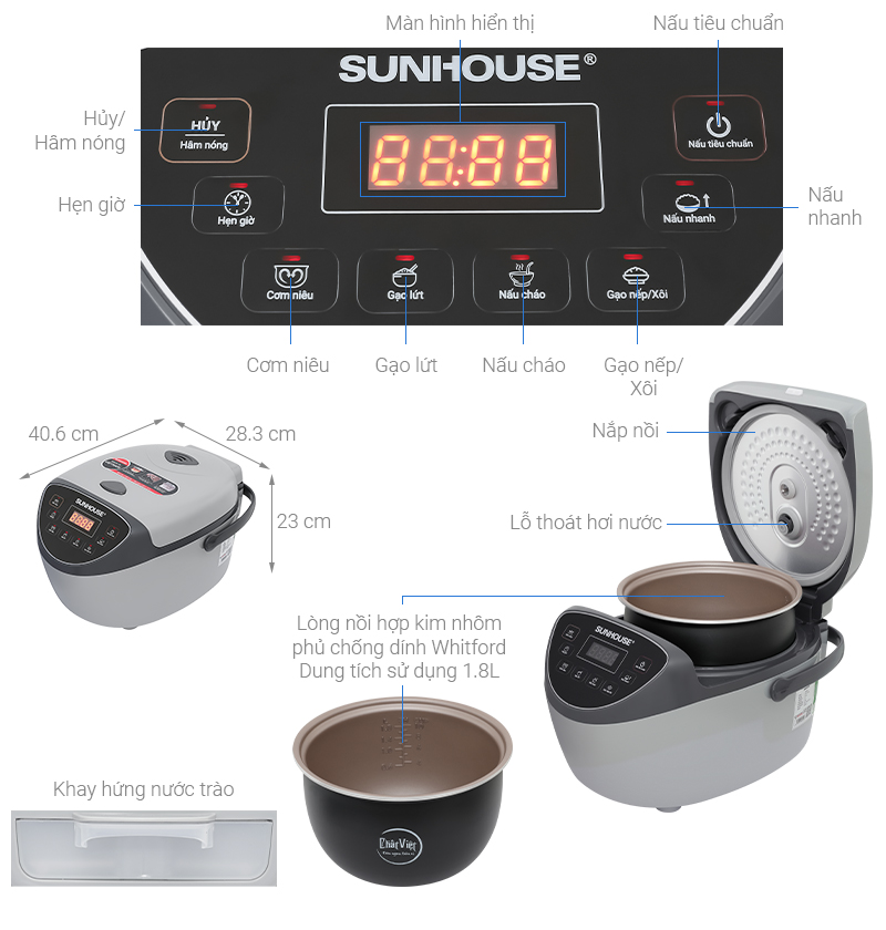 Nồi cơm điện tử Sunhouse 1.8 lít SHD8912