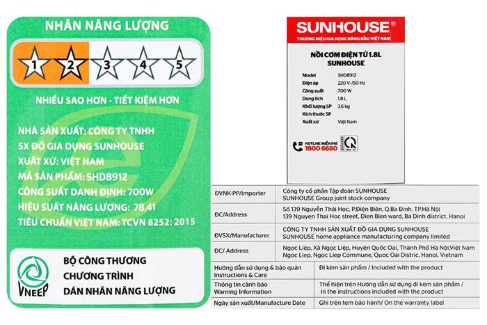 Nồi cơm điện tử Sunhouse 1.8 lít SHD8912 Màu Xám
