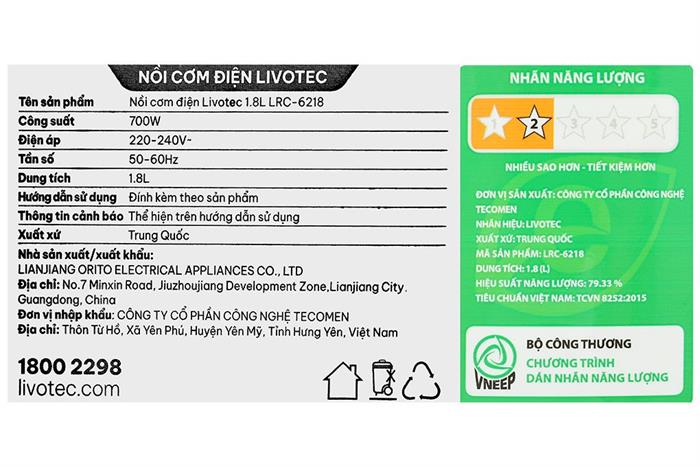 Nồi cơm nắp gài Livotec 1.8 lít LRC-6218B Màu Màu be
