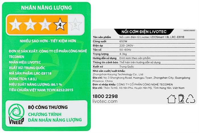Nồi cơm điện tử Livotec 1.8 lít LRC-E8118M Màu Xanh mint