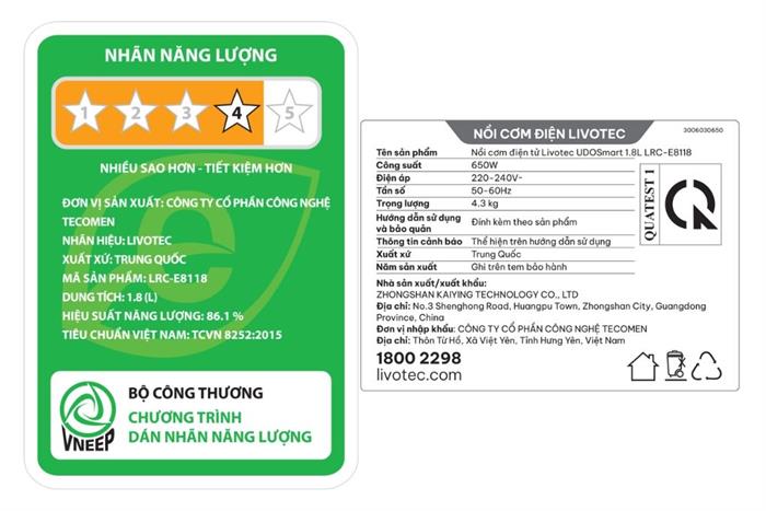 Nồi cơm điện tử Livotec 1.8 lít LRC-E8118M Màu Xanh mint
