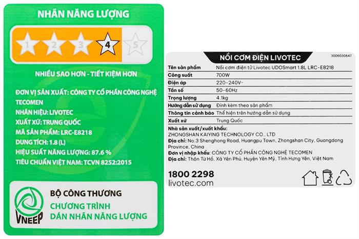Nồi cơm điện tử Livotec 1.8 lít LRC-E8218W Màu Trắng