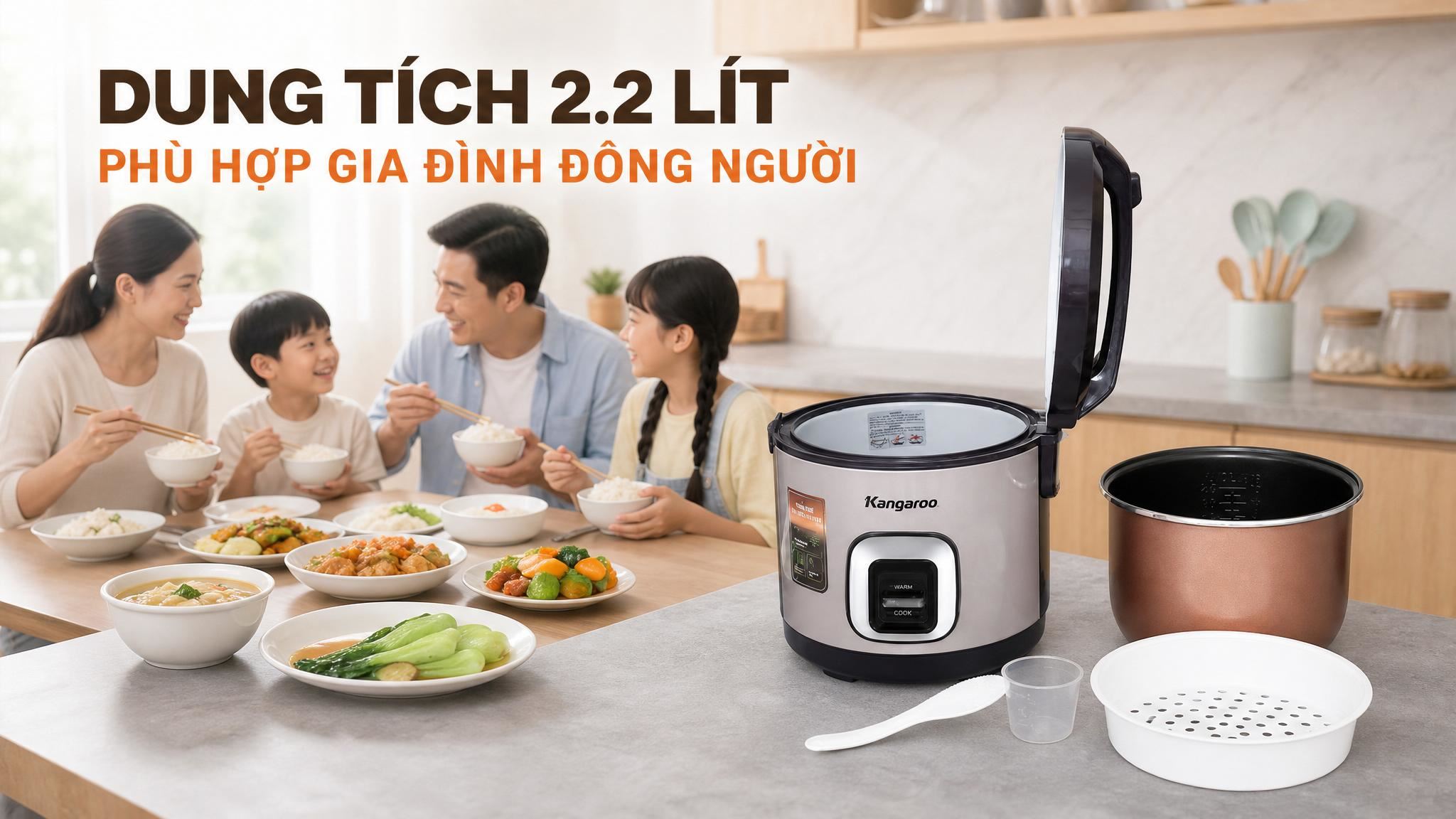 Nồi cơm nắp gài Kangaro 2.2 lít KGRC22M5G Màu Tím