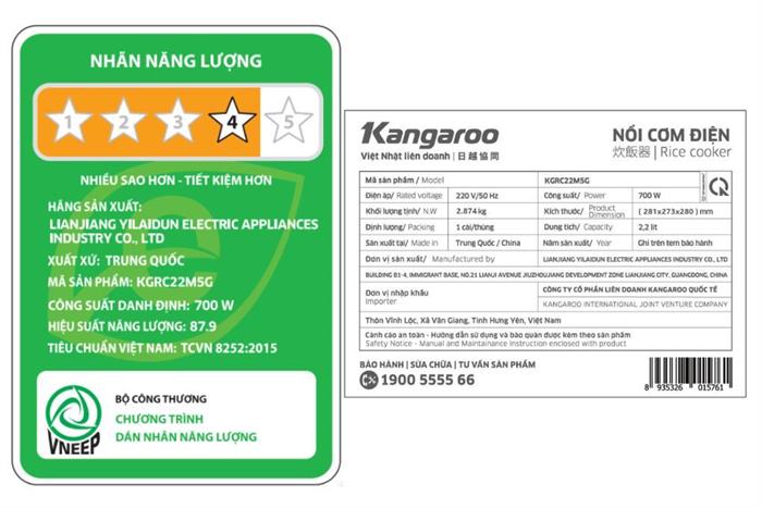 Nồi cơm nắp gài Kangaro 2.2 lít KGRC22M5G Màu Tím