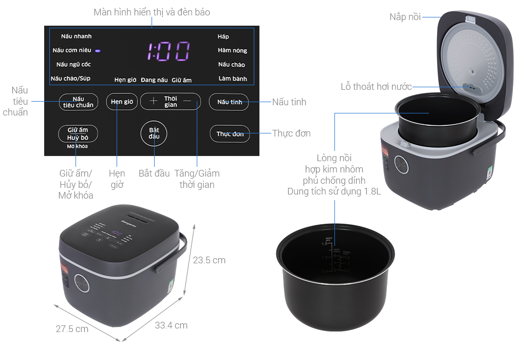 Nồi cơm điện tử Kangaroo 1.8 lít KGRC18D3G