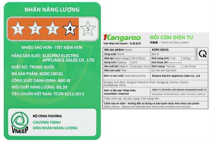 Nồi cơm điện tử Kangaroo 1.8 lít KGRC18D3G Màu Đen