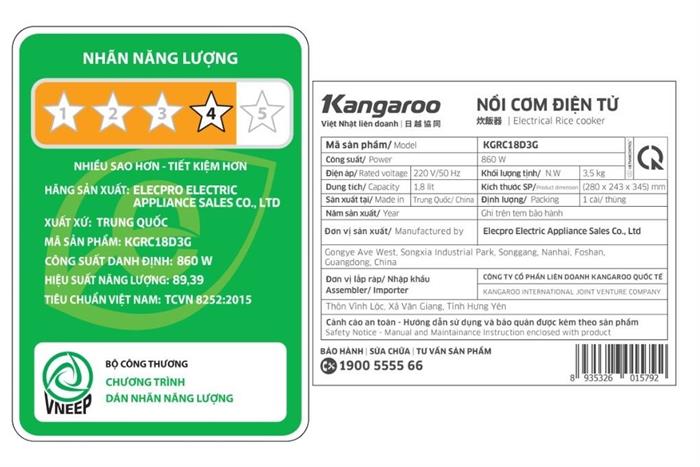 Nồi cơm điện tử Kangaroo 1.8 lít KGRC18D3G Màu Đen