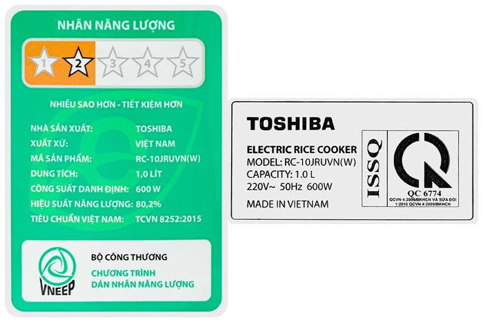 Nồi cơm nắp gài Toshiba 1 lít RC-10JRUVN(W) Màu Trắng