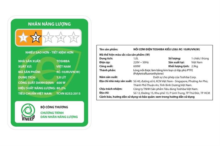 Nồi cơm nắp gài Toshiba 1 lít RC-10JRUVN(W) Màu Trắng