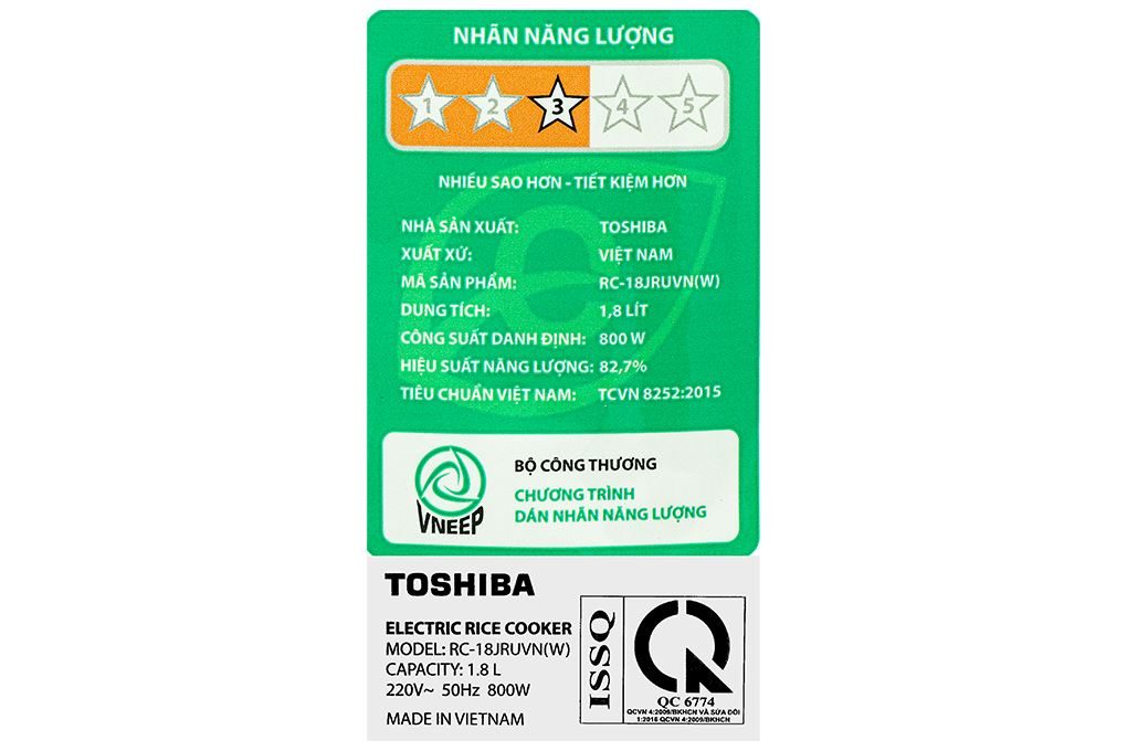Nồi cơm nắp gài Toshiba 1.8 lít RC-18JRUVN(W) Màu Trắng