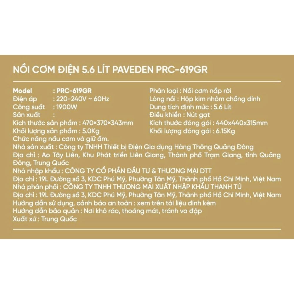 Nồi cơm nắp rời Paveden 5.6 lít PRC-619GR Màu Xám