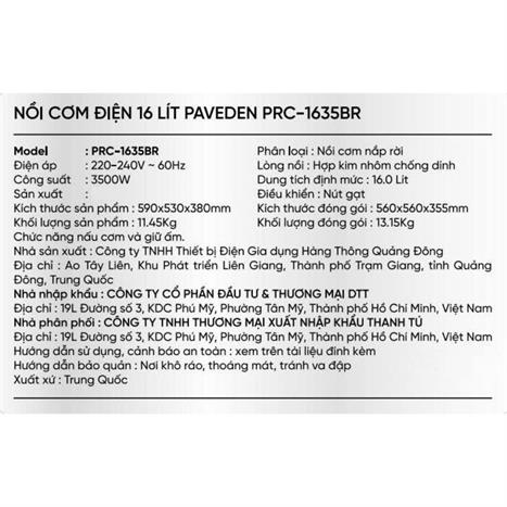 Nồi cơm nắp rời Paveden 16 lít PRC-1635BR Màu Nâu