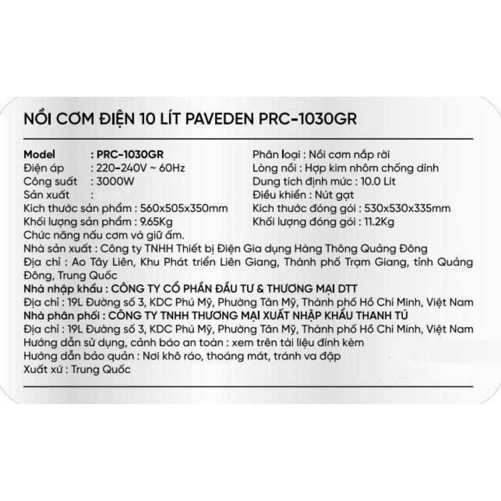 Nồi cơm nắp rời Paveden 10 lít PRC-1030GR Màu Xám