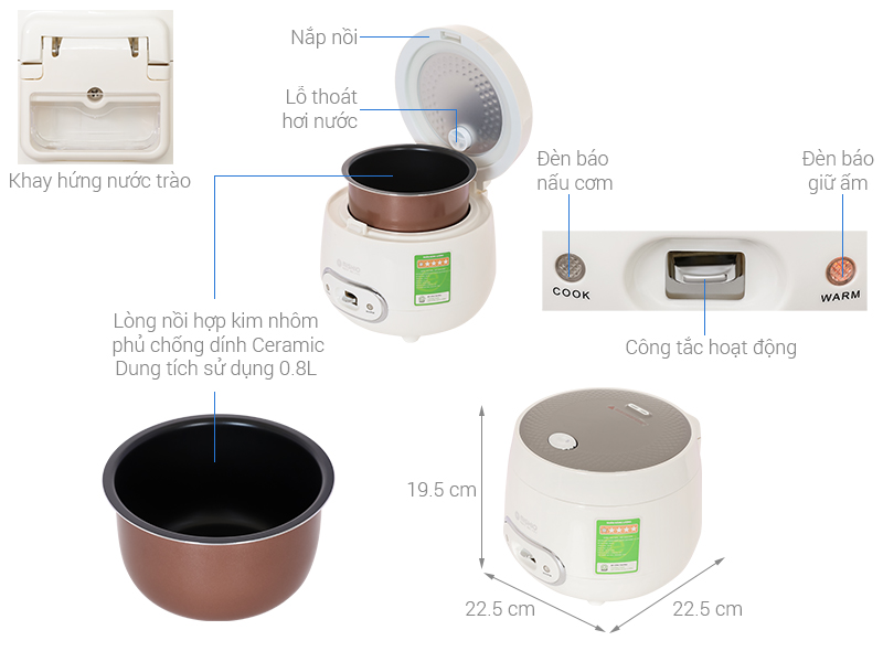 Nồi cơm nắp gài Mishio 0.8 lít MK-233 - Kem