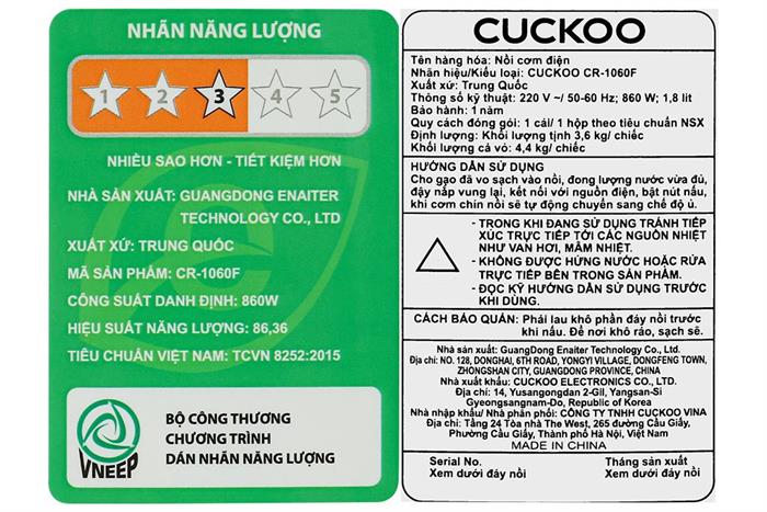 Nồi cơm điện tử Cuckoo 1.8 lít CR-1060F Màu Trắng