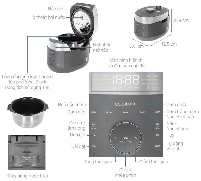Nồi cơm áp suất cao tần Cuckoo 1.8 lít CRP-LHBR1000F
