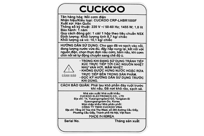 Nồi cơm áp suất cao tần Cuckoo 1.8 lít CRP-LHBR1000F Màu Đen - Xám