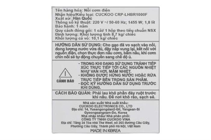 Nồi cơm áp suất cao tần Cuckoo 1.8 lít CRP-LHBR1000F Màu Đen - Xám