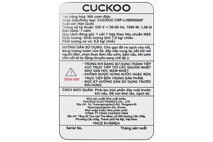 Nồi cơm áp suất cao tần 1.08 lít Cuckoo CRP-LHBR0600F Màu Xám