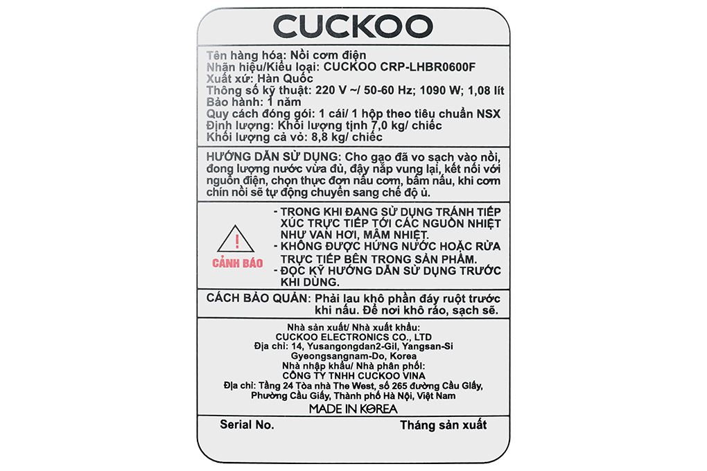 Nồi cơm áp suất cao tần Cuckoo 1.08 lít CRP-LHBR0600F Màu Xám