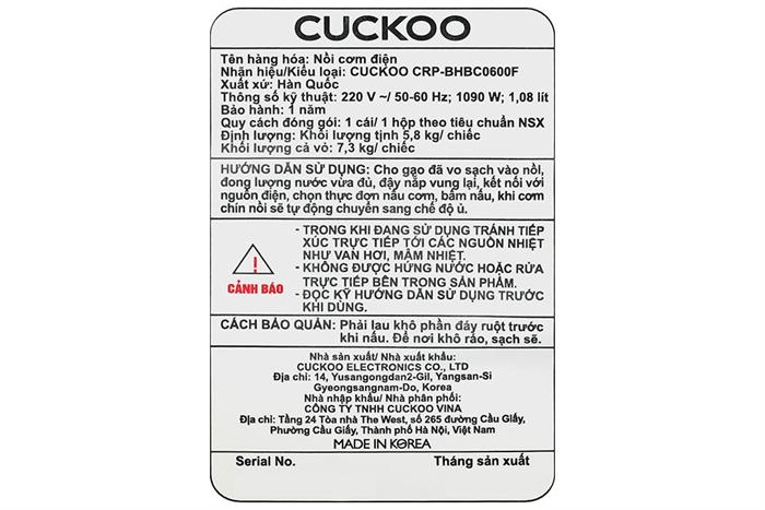 Nồi cơm áp suất cao tần Cuckoo 1.08 lít CRP-BHBC0600F Màu Đen - Xám