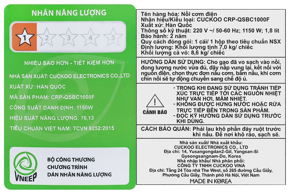 Nồi cơm điện tử áp suất Cuckoo 1.8 lít CRP-QSBC1000F Màu Đen - Xám