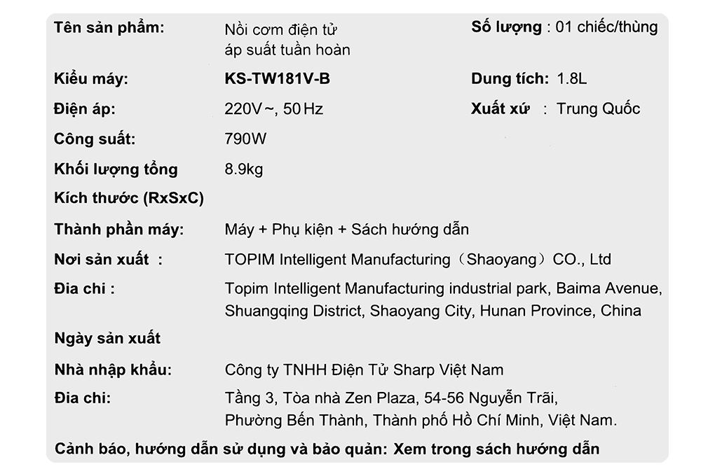 Nồi cơm điện tử áp suất Sharp 1.8 lít KS-TW181V-B Màu Đen