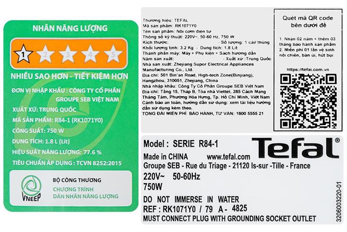 Nồi cơm nắp rời Tefal 1.8 lít RK1071Y0 Màu Trắng
