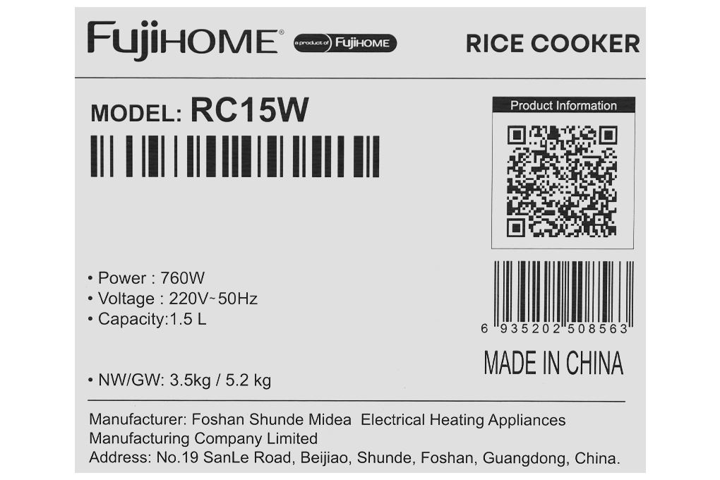 Nồi cơm điện tử FUJIHOME 1.5 lít RC15W Màu Trắng