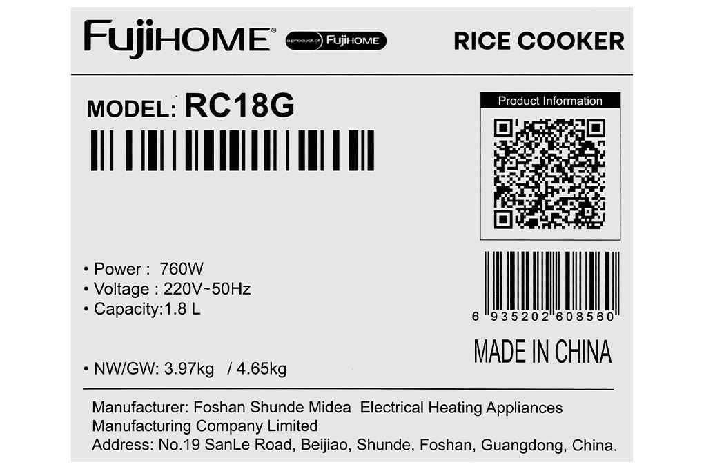 Nồi cơm điện tử FUJIHOME 1.8 lít RC18G Màu Xám