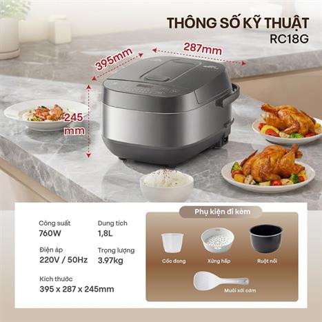 Nồi cơm điện tử FUJIHOME 1.8 lít RC18G Màu Xám
