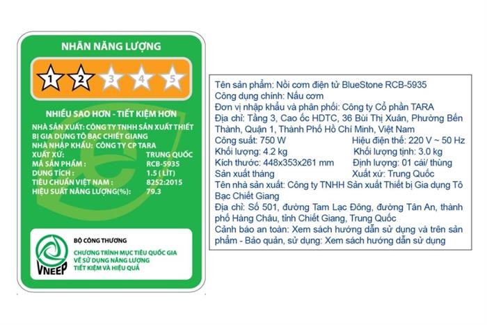 Nồi cơm điện tử BlueStone 1.5 lít RCB-5935 Màu Trắng