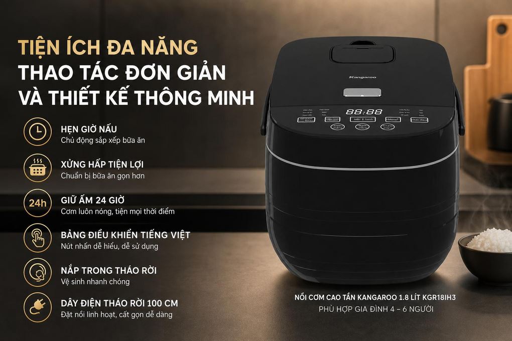 Nồi cơm cao tần Kangaroo 1.8 lít KGR18IH3 Màu Đen