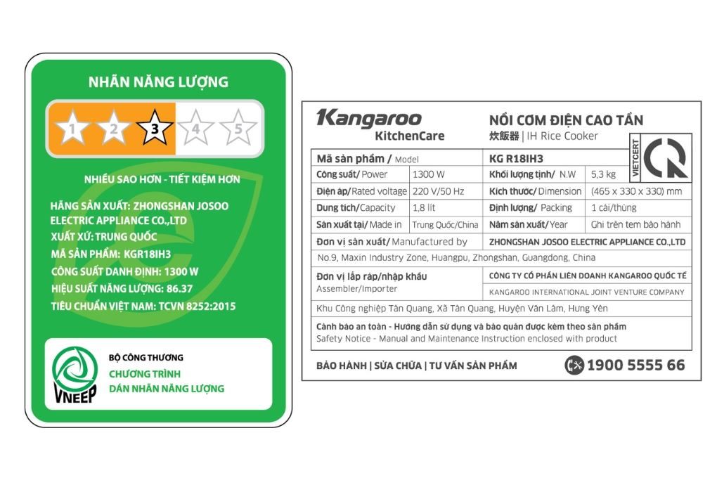 Nồi cơm cao tần Kangaroo 1.8 lít KGR18IH3 Màu Đen