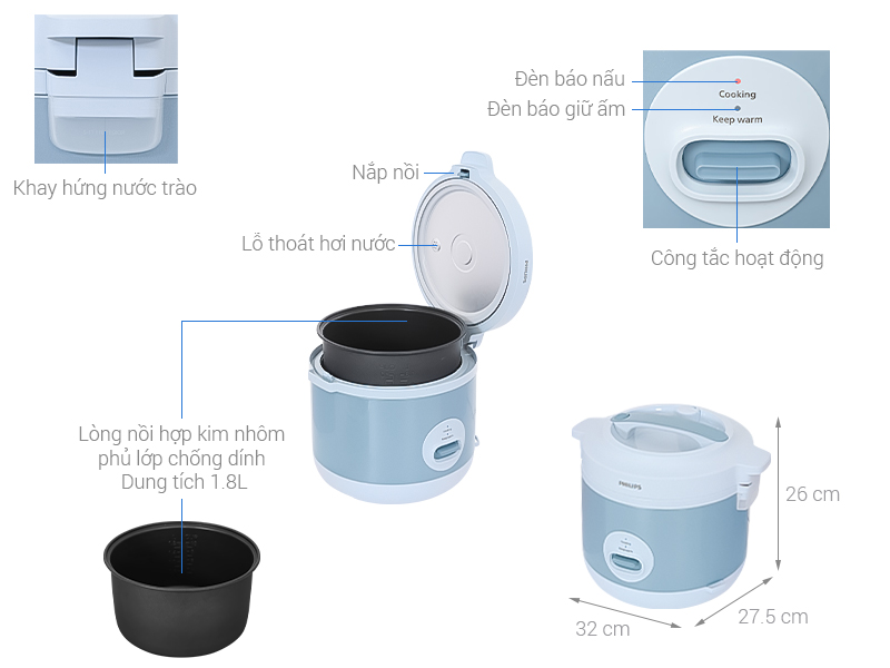 Nồi cơm nắp gài Philips 1.8 lít HD3008/32