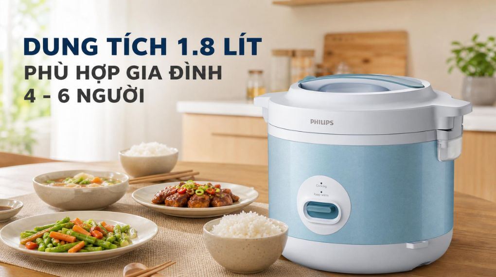Nồi cơm nắp gài Philips 1.8 lít HD3008/32 Màu Xanh Dương