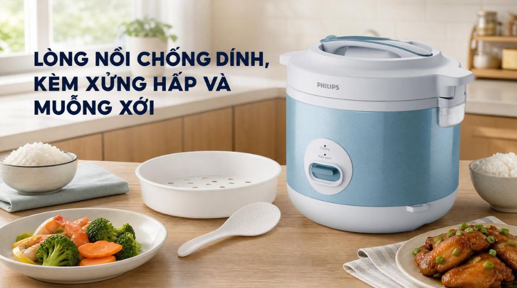 Nồi cơm nắp gài Philips 1.8 lít HD3008/32 Màu Xanh Dương
