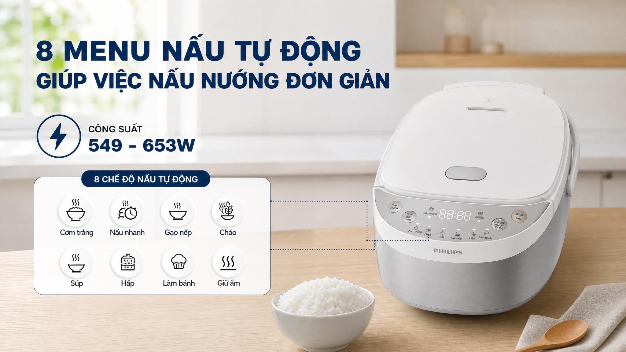 Nồi cơm điện tử Philips 0.85 lít HD3170/66 Màu Trắng - Bạc