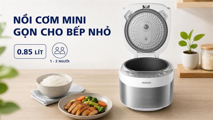 Nồi cơm điện tử Philips 0.85 lít HD3170/66 Màu Trắng - Bạc