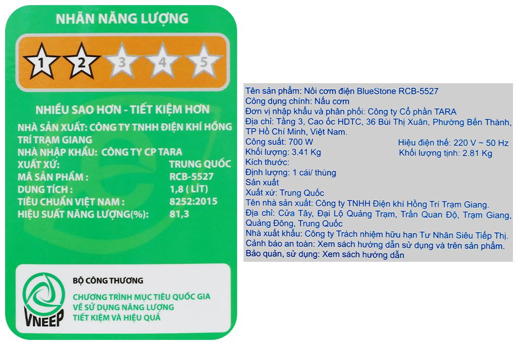 Nồi cơm nắp gài BlueStone 1.8 lít RCB-5527 Màu Đen - Xám