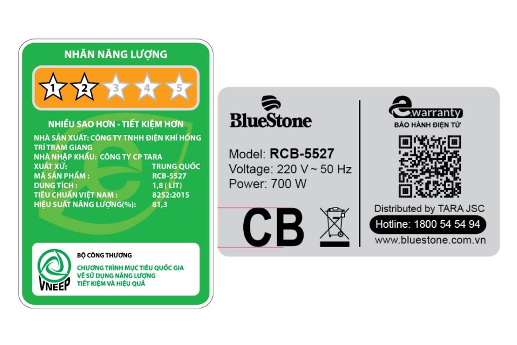 Nồi cơm nắp gài BlueStone 1.8 lít RCB-5527 Màu Đen - Xám